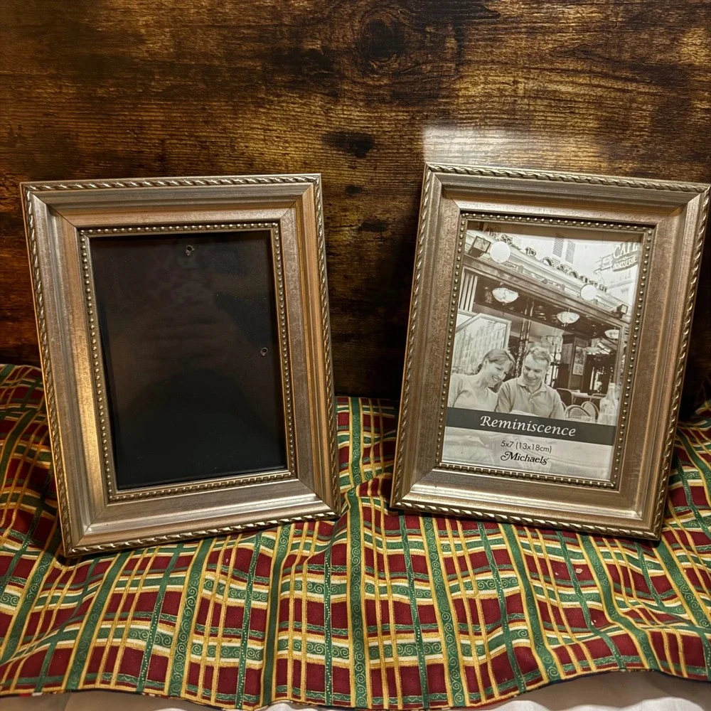 Set of 2 Michaels Reminiscence 5x7 Photo Frames Champagne Silver Beaded Trim